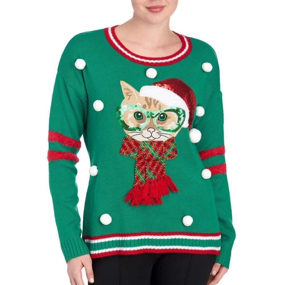United States Sweaters Christmas Cat Sweater Green SIZE: S